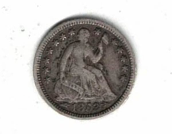 1853 USA Seated Liberty Silver Half Dime Coin . The Obverse features seated liberty head facing right. The reverse features the value within wreath.
