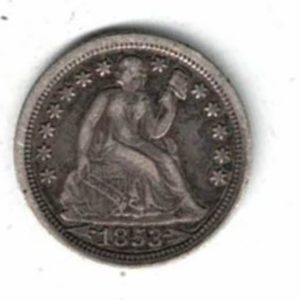 1853 USA Seated Liberty Silver One Dime Coin. The Obverse features seated liberty head facing right. The reverse features the value within wreath.
