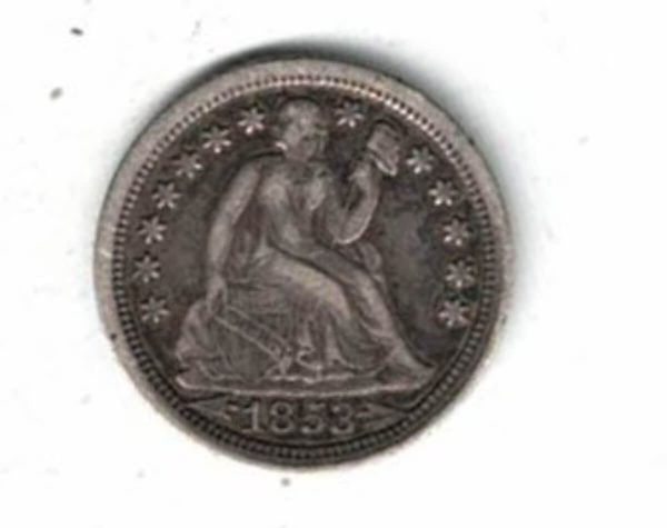 1853 USA Seated Liberty Silver One Dime Coin. The Obverse features seated liberty head facing right. The reverse features the value within wreath.