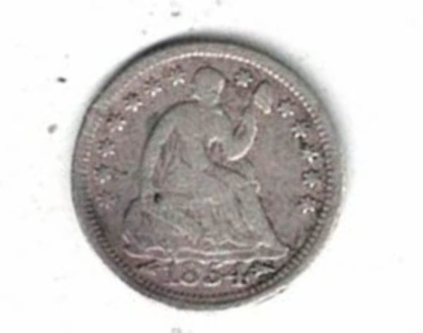 1854 USA Seated Liberty Silver Half Dime Coin . The Obverse features seated liberty head facing right. The reverse features the value within wreath.