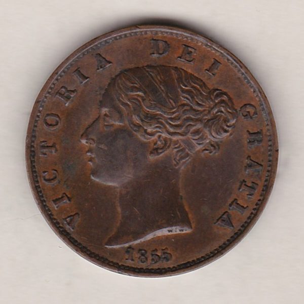 1855 copper halfpenny coin featuring young head Queen Victoria on the Obverse. Britannia seated facing right holding a trident on the Reverse. 