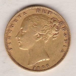 1856 Gold Sovereign Coin features a young head queen Victoria on the Obverse and the collectable shield design on the Reverse.
