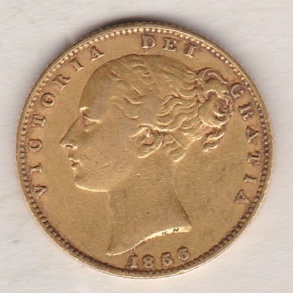 1856 Gold Sovereign Coin features a young head queen Victoria on the Obverse and the collectable shield design on the Reverse.