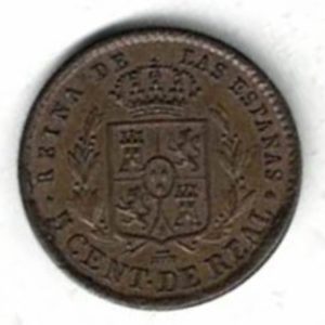 1856 Spain Copper Five Centimos Coin The obverse features the bust of Queen Isabel II. The reverse features the crowned coat of arms of Spain.
