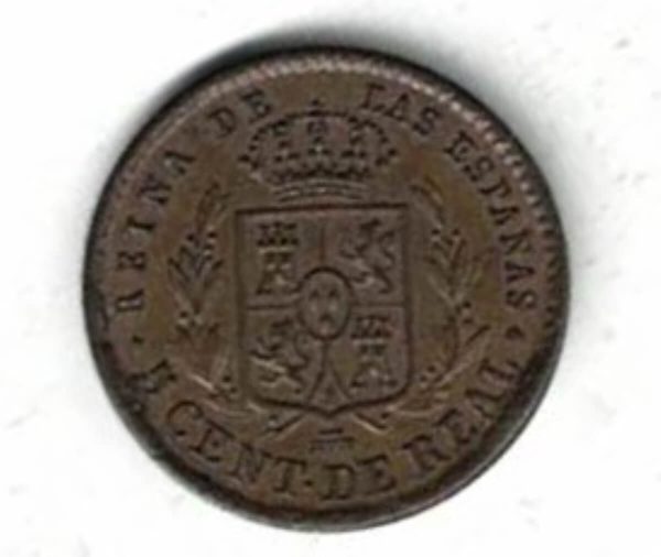 1856 Spain Copper Five Centimos Coin The obverse features the bust of Queen Isabel II. The reverse features the crowned coat of arms of Spain.