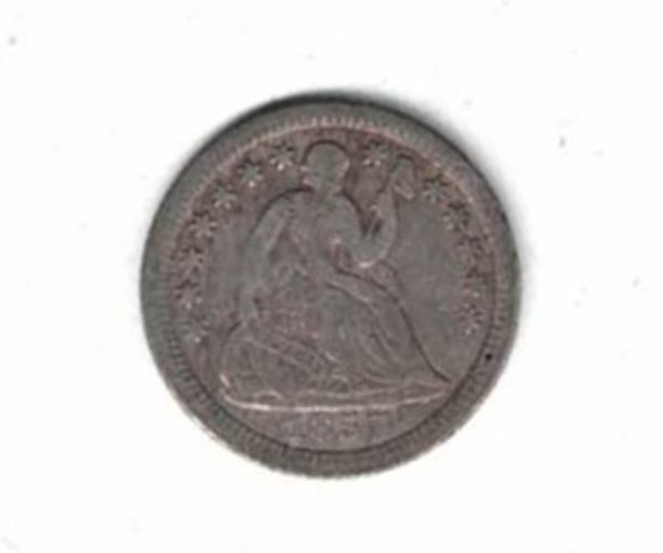 1857 O USA Seated Liberty Silver Half Dime Coin . The Obverse features seated liberty head facing right. The reverse features the value within wreath.