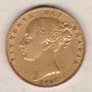1857 Gold Sovereign Coin. The coin features a young head queen Victoria on the Obverse and the collectable shield design on the Reverse.