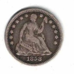 1858 O USA Seated Liberty Silver Half Dime Coin . The Obverse features seated liberty head facing right. The reverse features the value within wreath.