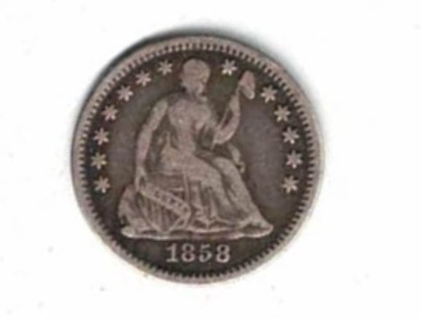1858 O USA Seated Liberty Silver Half Dime Coin . The Obverse features seated liberty head facing right. The reverse features the value within wreath.