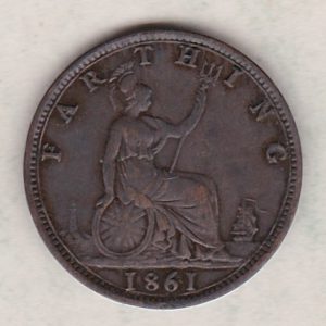 1861 bronze farthing coin featuring the young head Queen Victoria on the Obverse. Britannia seated facing right on the Reverse.