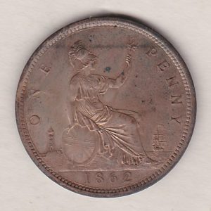 1862 bronze penny coin featuring the young head portrait of Queen Victoria on the Obverse. The coin depicts Britannia seated to the right on the Reverse.