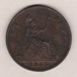 1863 bronze penny coin featuring the young head portrait of Queen Victoria on the Obverse. The coin depicts Britannia seated to the right on the Reverse.