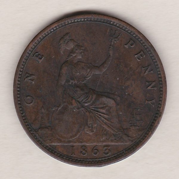 1863 bronze penny coin featuring the young head portrait of Queen Victoria on the Obverse. The coin depicts Britannia seated to the right on the Reverse.