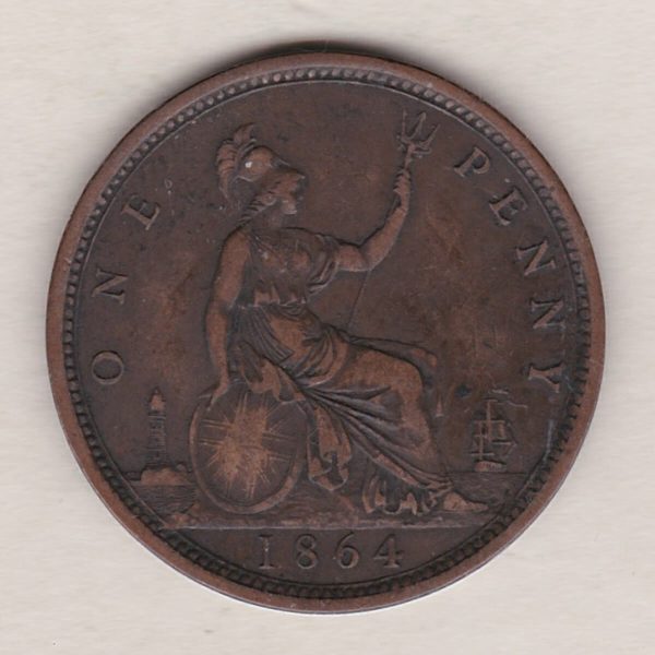 1864 bronze penny coin featuring the young head portrait of Queen Victoria on the Obverse. The coin depicts Britannia seated to the right on the Reverse.
