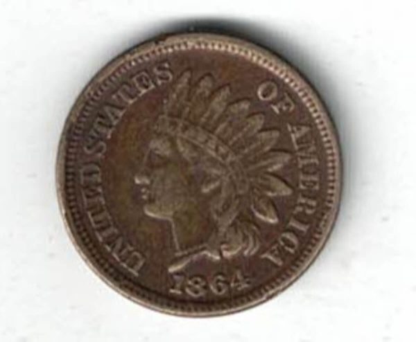 1864 USA Bronze One Cent Coin. The Obverse features a liberty with Indian headdress. The reverse features a shield and wreath with lettering.