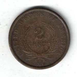 1864 USA Bronze Two Cents Coin. The Obverse features a shield in wreath with the USA motto. The reverse features the denomination in a wheat ears.