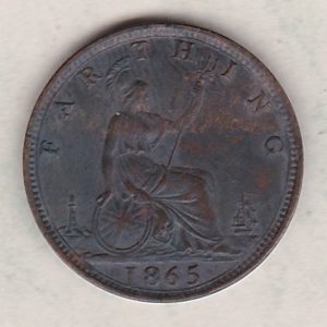 1865 bronze farthing coin featuring the young head Queen Victoria on the Obverse. Britannia seated facing right on the Reverse.