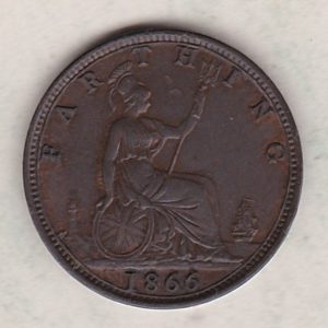 1866 bronze farthing coin featuring the young head Queen Victoria on the Obverse. Britannia seated facing right on the Reverse.