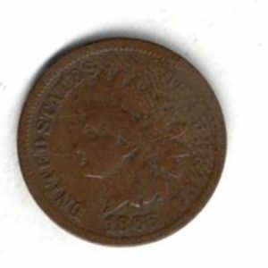 1866 USA Bronze One Cent Coin. The Obverse features a liberty with Indian headdress. The reverse features a shield and wreath with lettering.