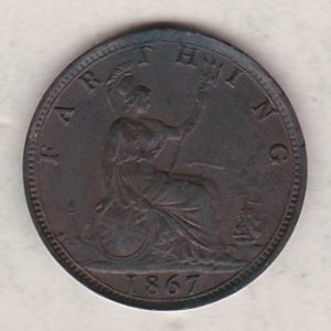 1867 bronze farthing coin featuring the young head Queen Victoria on the Obverse. Britannia seated facing right on the Reverse.