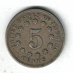 1867 USA Nickel Five Cents Coin. The Obverse features the draped garland above shield, date below. The reverse features a 5 within 13 stars. 