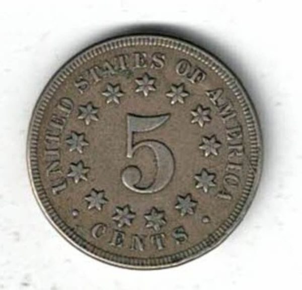 1867 USA Nickel Five Cents Coin. The Obverse features the draped garland above shield, date below. The reverse features a 5 within 13 stars. 