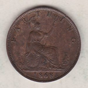 1868 bronze farthing coin featuring the young head Queen Victoria on the Obverse. Britannia seated facing right on the Reverse.