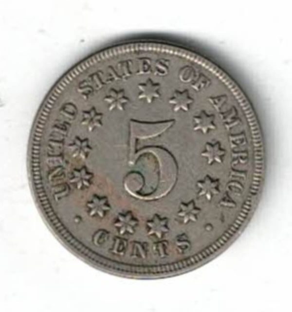 1868 USA Nickel Five Cents Coin. The Obverse features the draped garland above shield, date below. The reverse features a 5 within 13 stars. 