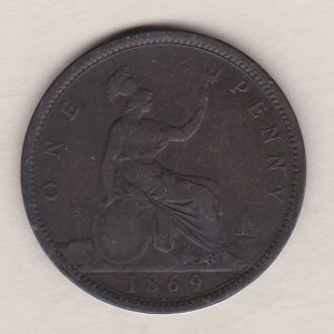 1869 bronze penny coin featuring the young head portrait of Queen Victoria on the Obverse. The coin depicts Britannia seated to the right on the Reverse.