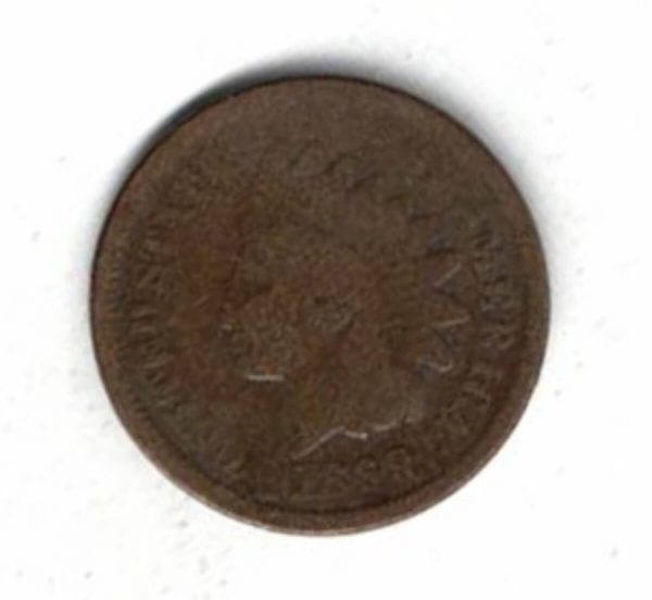 1869 Bronze One Cent Coin. The Obverse features a liberty with Indian headdress. The reverse features a shield and wreath with lettering.