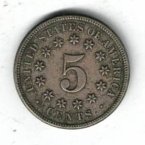 1869 USA Nickel Five Cents Coin. The Obverse features the draped garland above shield, date below. The reverse features a 5 within 13 stars. 