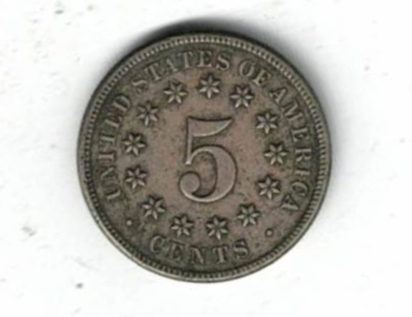 1869 USA Nickel Five Cents Coin. The Obverse features the draped garland above shield, date below. The reverse features a 5 within 13 stars. 