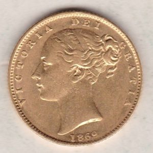 1869 Gold Sovereign Coin. Die number 63. The coin features a young head queen Victoria on the Obverse and the collectable shield design on the Reverse.