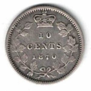 1870 Canada Silver Ten Cent Coin. The obverse side of the coin features the young head of Queen Victoria  facing left. All coins are in stock