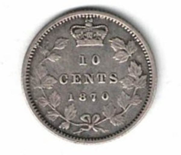 1870 Canada Silver Ten Cent Coin. The obverse side of the coin features the young head of Queen Victoria  facing left. All coins are in stock