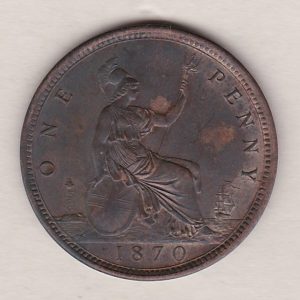 1870 bronze penny coin featuring the young head portrait of Queen Victoria on the Obverse. The coin depicts Britannia seated to the right on the Reverse.