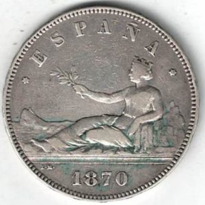 1870 SNM Spain Silver Five Pesetas Coin. The obverse features Hispania reclining with olive branch in her right hand. All coins are in stock.
