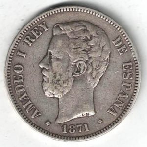 1871 SDM Spain Silver Five Pesetas Coin The obverse features the bust of Amadeo I facing left. The reverse features the crowned coat arms.