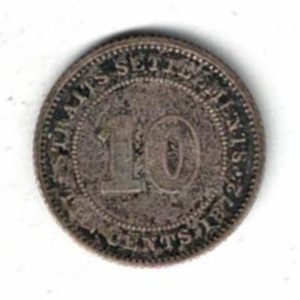 1872 H Straits Settlements Ten Cents Coin The obverse features the bust of Queen Victoria facing left. All coins are in stock.