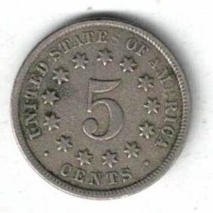 1872 USA Nickel Five Cents Coin. The Obverse features the draped garland above shield, date below. The reverse features a 5 within 13 stars. 