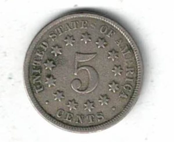 1872 USA Nickel Five Cents Coin. The Obverse features the draped garland above shield, date below. The reverse features a 5 within 13 stars. 
