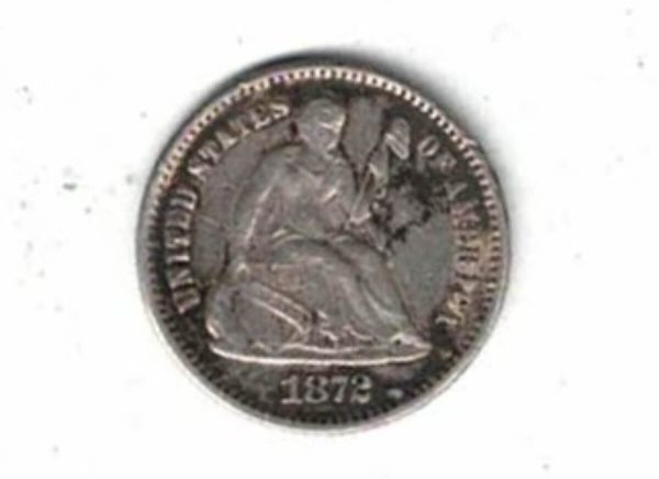 1872 USA Seated Liberty Silver Half Dime Coin . The Obverse features seated liberty head facing right. The reverse features the value within wreath.
