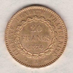 1874 A France Gold Twenty Francs coin featuring a guardian angel on the Obverse. The reverse side of the coin has the value and year surrounded by a wreath.
