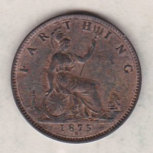 1875 H bronze farthing coin featuring the young head Queen Victoria on the Obverse. Britannia seated facing right on the Reverse.