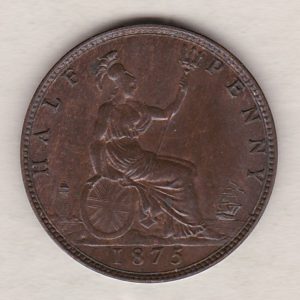 1875 Bronze Halfpenny coin featuring the portrait of Queen Victoria on the obverse. The reverse side of the coin depicts Britannia seated to the right.
