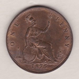 1875 bronze penny coin featuring the young head portrait of Queen Victoria on the Obverse. The coin depicts Britannia seated to the right on the Reverse.