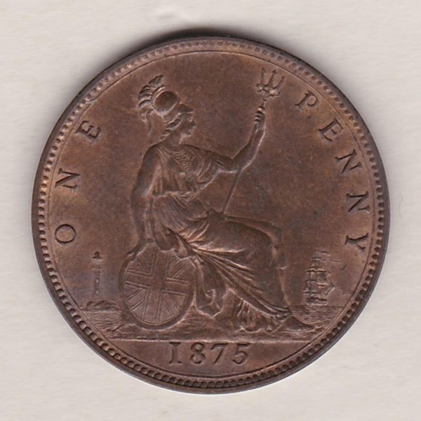 1875 bronze penny coin featuring the young head portrait of Queen Victoria on the Obverse. The coin depicts Britannia seated to the right on the Reverse.