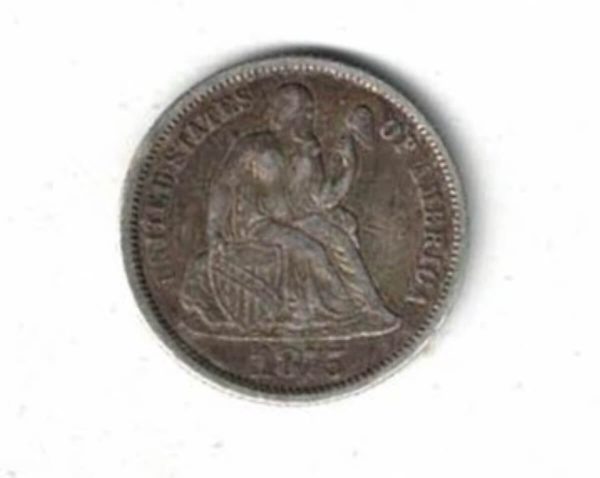 1875 USA Seated Liberty Silver One Dime Coin. The Obverse features seated liberty head facing right. The reverse features the value within wreath.