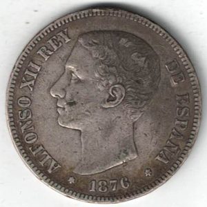 1876 DE-M Spain Silver Five Pesetas Coin . The obverse features the bust of Alfonso XII left. The reverse features the crowned coat arms of Spain.