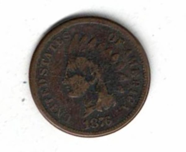 1876 USA Bronze One Cent Coin. The Obverse features a liberty with Indian headdress. The reverse features a shield and wreath with lettering.